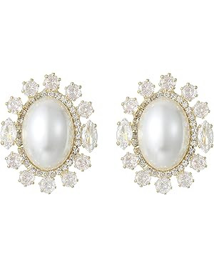 Jules D Pearl and Crystal Stud Earrings Gold Plated Cute Cubic Zircon Floral Design Eearrings Rhi... | Amazon (US)