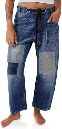 PLNOTME Womens Baggy Barrel Horseshoe Jeans Wide Leg Patchwork Low Rise Denim Pants with Pockets | Amazon (US)