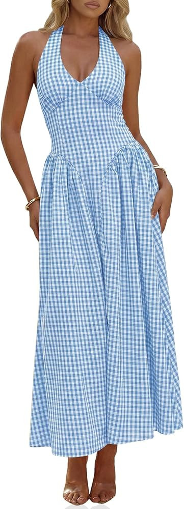 Wenrine Womens Halter V Neck Corset Maxi Dresses Summer Plaid Smocked Tie Back Backless Wedding G... | Amazon (US)
