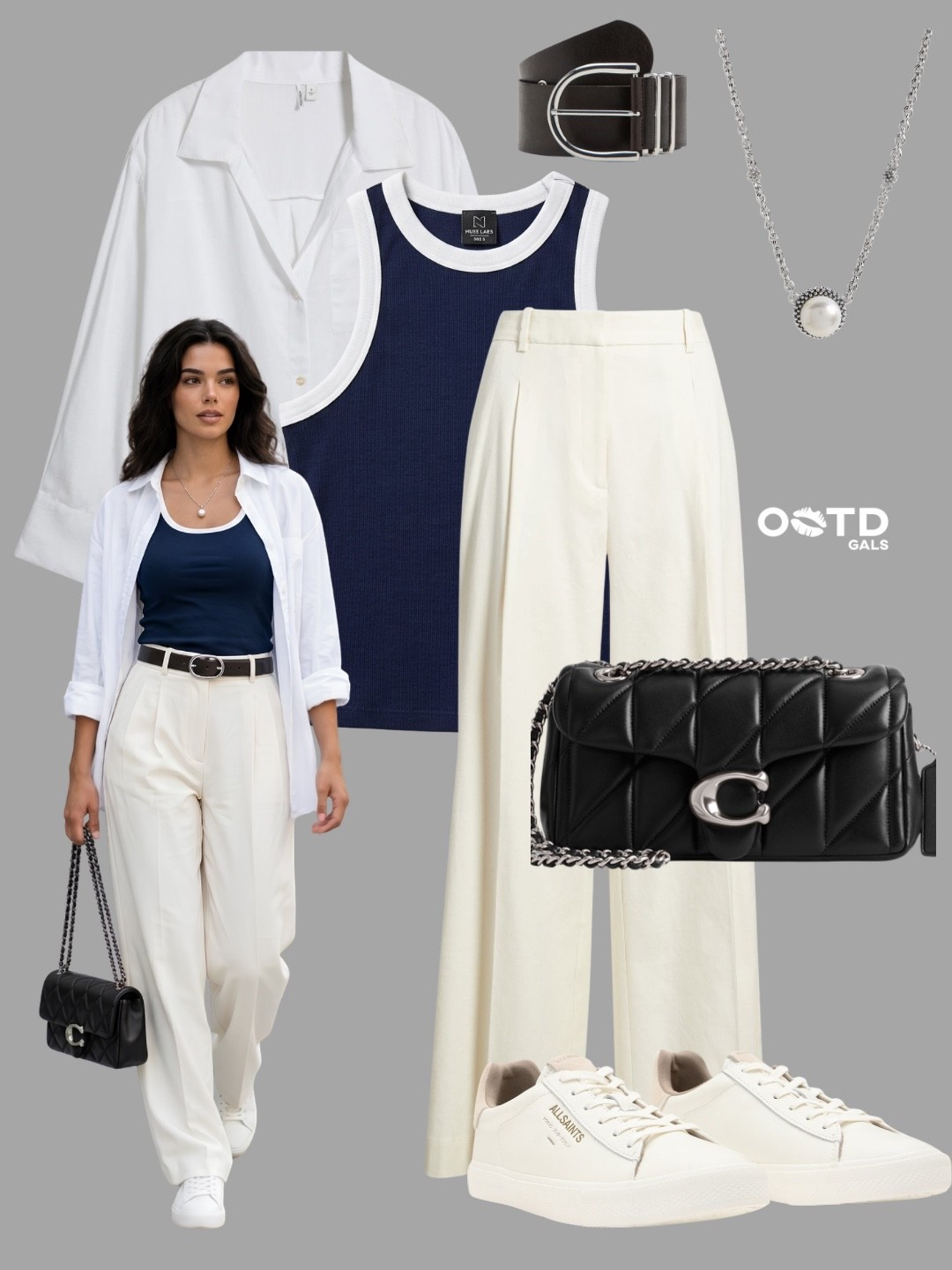 Classic navy, crisp white, and polished black accents come together for a timeless everyday look 🤍🖤💙

This outfit balances relaxed tailoring with refined details. The navy contrast-trim tank creates a chic focal point, while the oversized white shirt adds effortless layering and versatility. Wide-leg ivory trousers keep the silhouette elegant and elongated, and the black accessories provide just the right amount of structure and contrast.

✨ Style Details:
• White oversized button-down shirt worn open
• Navy contrast-trim ribbed tank top
• Ivory wide-leg tailored trousers
• Black leather belt with silver hardware
• Quilted black chain-strap shoulder bag
• Delicate pearl pendant necklace
• Clean white low-top sneakers

The combination of navy, ivory, and black feels sophisticated yet approachable, making this an ideal outfit for days when comfort and style are equally important. The relaxed fit keeps it easy to wear, while the tailored pieces ensure a polished finish.

Perfect for casual office days, travel, coffee dates, museum visits, weekend brunches, city exploring, shopping trips, or everyday elevated casual wear.

#ClassicStyle #EffortlessChic #EverydayElegance

#LTKstyletip #LTKshoes #LTKworkwear