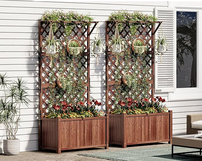 AMERLIFE 2 Piece Set 35.4x17.7x72 inch Raised Garden Bed with Trellis, Planter Box for Climbing P... | Amazon (US)