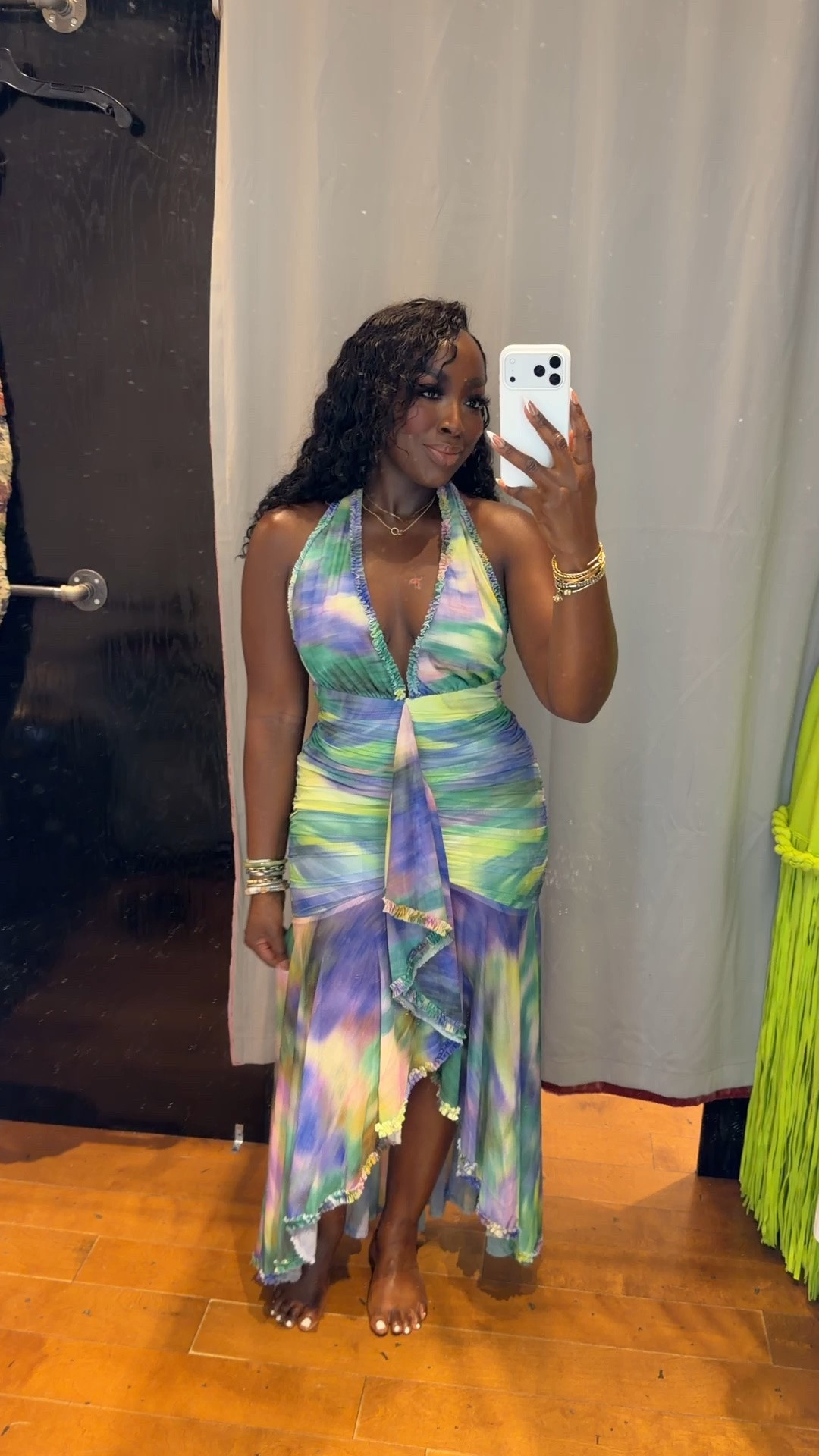 Wearing a medium in this colorful, halter top, backless maxi dress from AKIRA and I love it too!