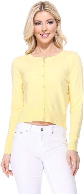 YEMAK Women's Cropped Cardigan Sweater – Long Sleeve Crewneck Basic Classic Casual Button Down ... | Amazon (US)