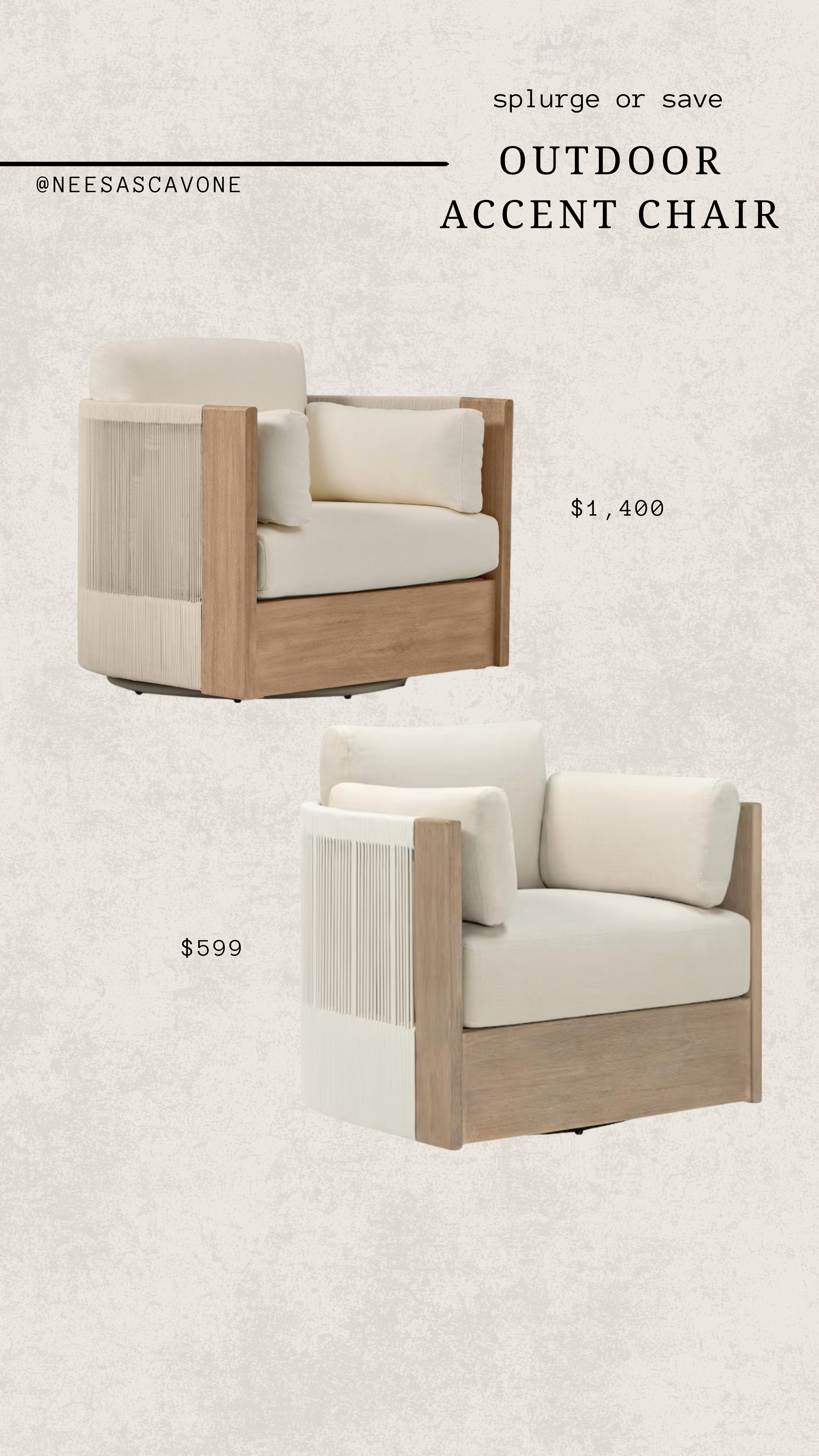 Splurge or save on this outdoor accent chair 🤍 same elevated look, two very different price points. The neutral cushions + wood frame give that luxury resort / Studio McGee vibe without overthinking your patio design. Perfect for a cozy outdoor seating area, front porch, or poolside moment ✨ If you’re styling a high-end outdoor space on a budget… this is your sign 👀

#outdoorfurniture #outdooraccentchair #patiofurnitureideas #backyarddesign #outdoorlivingstyle #luxurypatio #budgetfriendlydecor #splurgeorsave #homedecorfinds #ltkhome #liketkit #neutralhome #modernoutdoor #cozyoutdoorspace #patioinspo #homeinspiration #affordablehome #designerlookforless #targethome #wayfairfinds 

 #LTKSeasonal #LTKHome #LTKSaleAlert