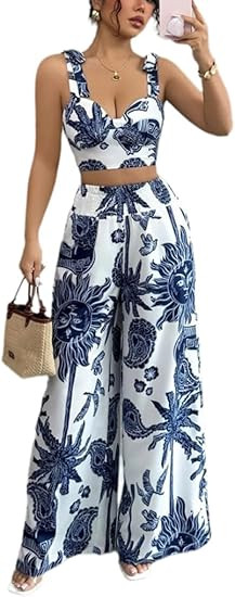 THLAI Summer Women 2 Piece Outfits Print V-Neck Cami Crop Top and Smocked Wide Leg Pants Set Vaca... | Amazon (US)