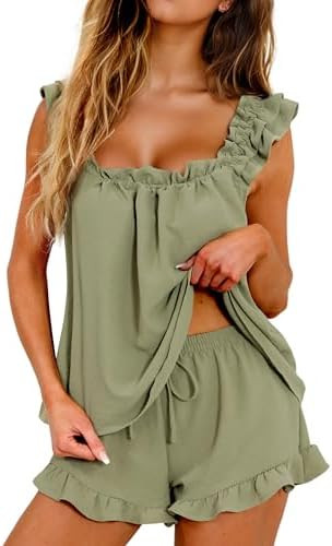 KFUBUO Womens Pajamas Set 2 Piece Ruffle Pj Soft Tank Top and Shorts Sleepwear Set Bridal Pajama ... | Amazon (US)