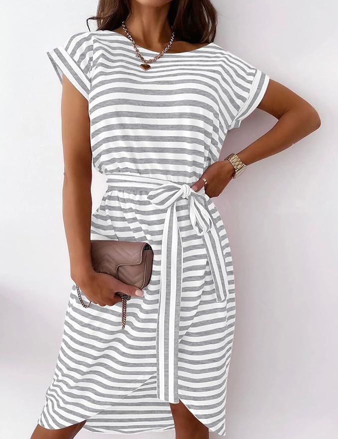 MEROKEETY Womens Striped Short Sleeve T Shirt Dress Summer Casual Tie Waist Crew Neck with Pocket... | Amazon (US)