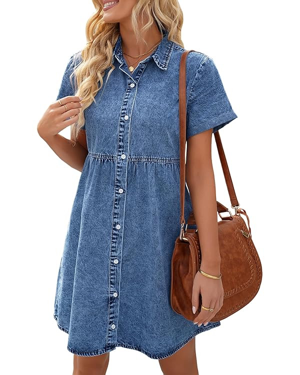 LookbookStore Women's Short Sleeve Button Down Flowy Tiered Babydoll Denim Dress | Amazon (US)
