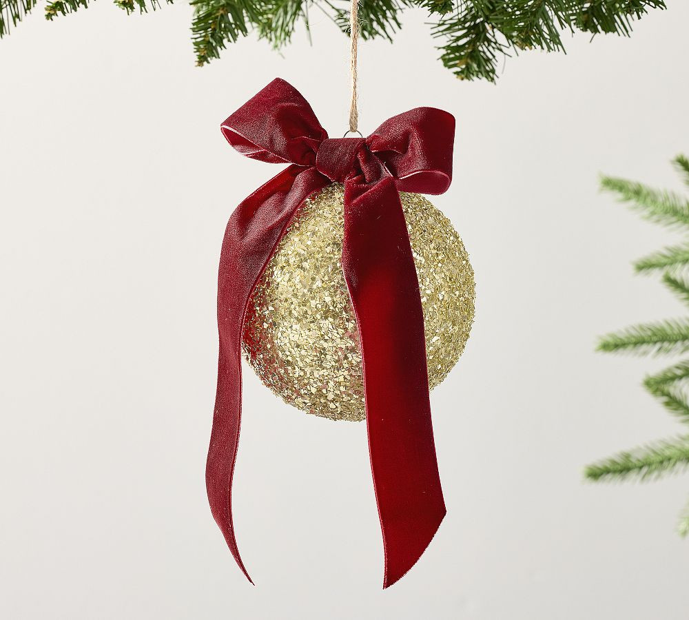 Gold Glitter Ball Ornament With Bow | Pottery Barn (US)