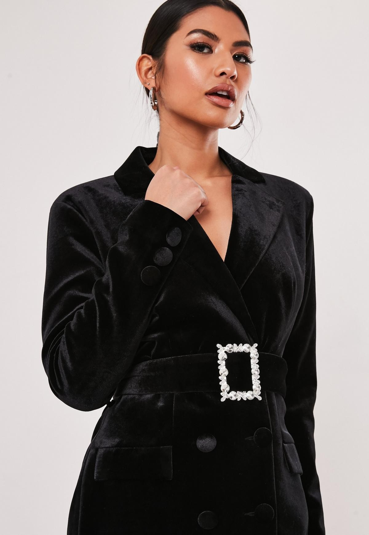 Missguided - Black Velvet Diamante Belt Blazer Dress | Missguided (US & CA)