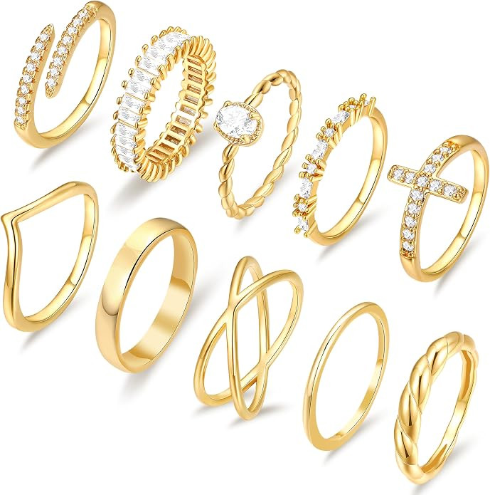 10 PCS 14K Gold Plated Rings Set for Women, Thumb Knuckle Stacking Rings | Brass base with 14k go... | Amazon (US)