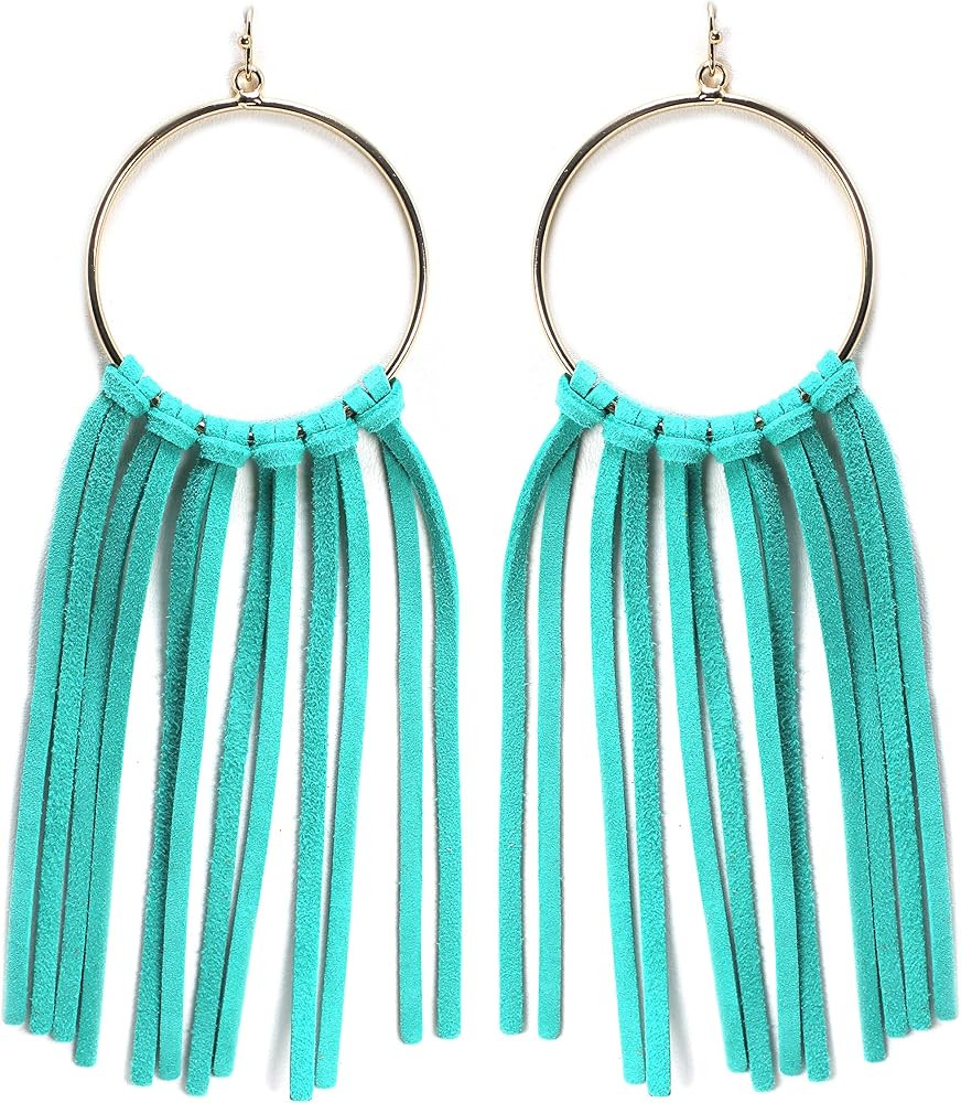 Bohemian Statement Light Weight Round Hoop With Genuine Suede Leather Fringe Tassel Fashion Earri... | Amazon (US)