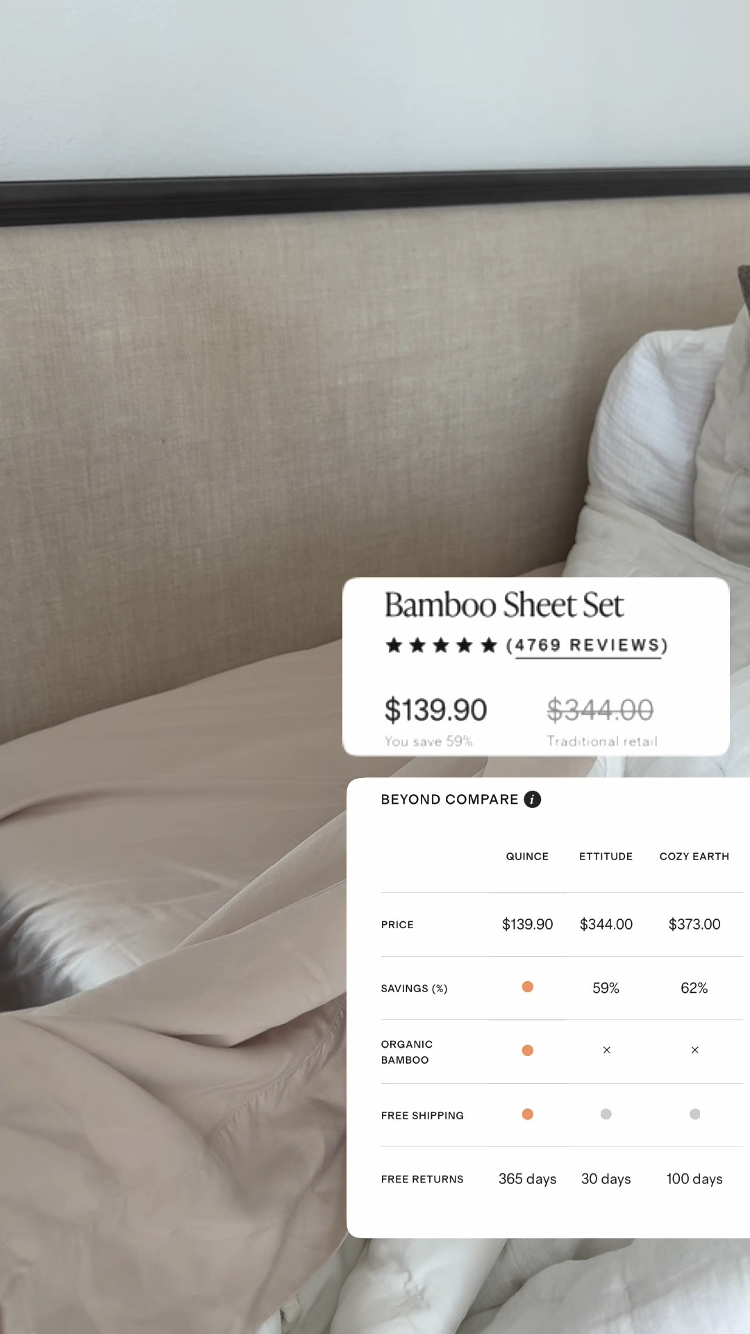 Review:
I first fell in love with Cariloha Resort sheets years ago (I was having terrible night sweats). I have several sets I use and swap out still. The price for a set of Cariloha Resort king sheets is $299. They are pricey, so I always wait to purchase on sale. I also have a set of the amazing Cozy Earth! Love them, but they’re more expensive than Cariloha. A king set is $373. I purchased a set on sale to compare (touted as Oprah’s favorite things 2018—which by the way, Cariloha made her list before). I didn’t notice enough of a difference to pay more. 
I’ve also slept on Walmart’s Allswell. They’re 100% viscose made from bamboo (like Cariloha and Cozy Earth) and fit a mattress up to 20” deep. A king set is $58. Downside is that there isn’t a California king and some say they pill over time (I haven’t experienced that personally).
That brings me to Quince’s Bamboo sheet set. I love that they use organic bamboo. They offer several color options with the ability to purchase a set without a flat sheet (I mean, sometimes you just need to replace what you wear out the most!). A king set is $139.90. Without the flat sheet, a king set is $109. Quince bamboo sheets were named “Best Bamboo Sheets” by the Sleepfoundation.org. 
I love bamboo sheets the most because they’re luxuriously soft and cool to the touch and hypoallergenic. Since I’ve tried so many bamboo sheets, I have to say Quince are my favorite. They seem a bit thicker than other brands of bamboo sheets, so I feel they will hold up longer. The extra width in the top sheet is nice! I’m linking all sheets mentioned so you can compare and decide. I hope my review helps 🫶🏼

#LTKWatchNow 

#LTKHome #LTKOver40