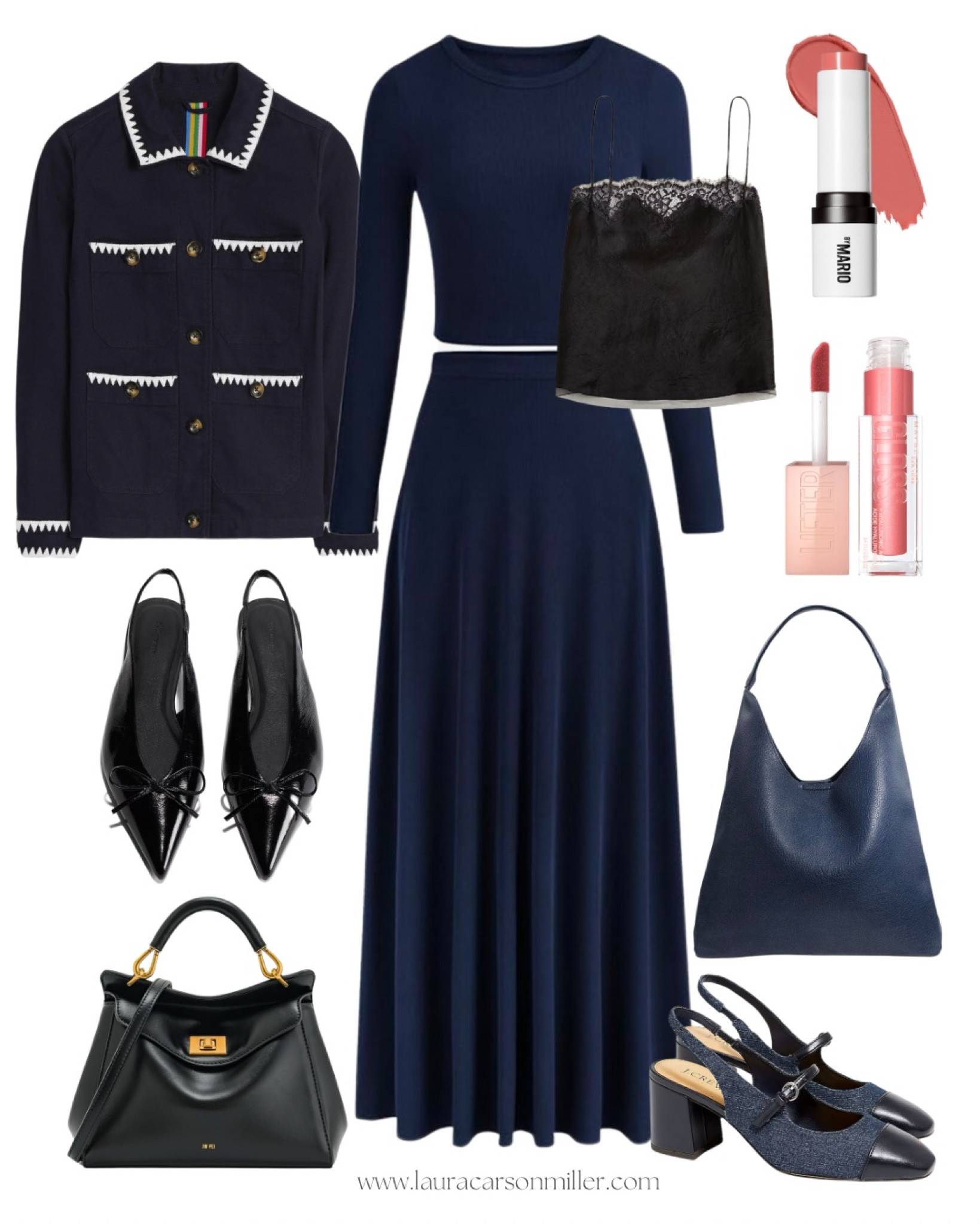 Two piece set, peachy makeup, slingback flats, slingback heels, hobo bag, top handle bag, black jacket, Laura carson miller, outfit ideas, black + navy, petite, mid sized, plus size, lifestyle guide, cream blush, lip gloss, camisole

#LTKFindsUnder100 #LTKItBag #LTKStyleTip