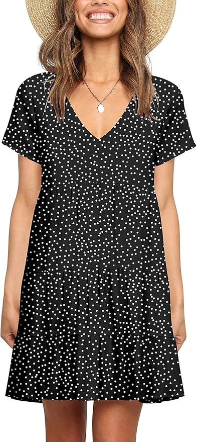 Hocuos Women Summer Tunic Dress V Neck Pleated Short Sleeves Casual Flowy Tshirt Dresses Solid Co... | Amazon (US)