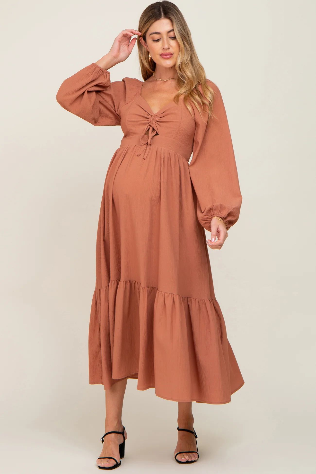Camel Cinched Cutout Maternity Midi Dress | PinkBlush Maternity
