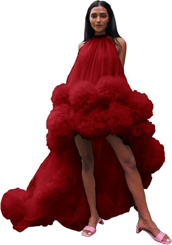 Tianzhihe Women's Tulle Flowers Prom Dress High Low Sexy Illusion Maternity Dress Photoshoot Maxi... | Amazon (US)