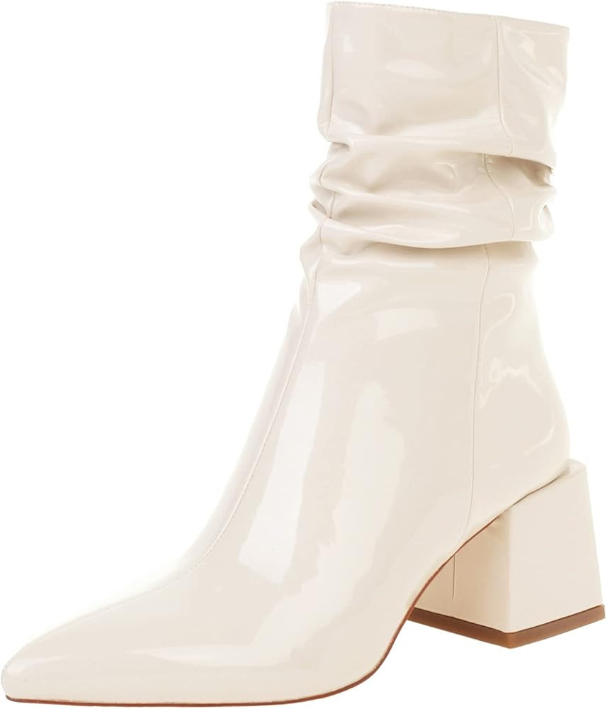 Amazon.com | vivianly Pointed Toe Ankle Boot Mid-Calf Boots Chunky Block Heel Booties for Women s... | Amazon (US)