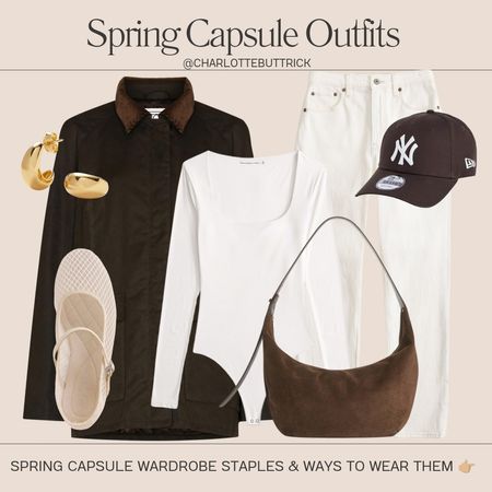 Capsule wardrobe outfit spring 2024 - wax jacket - white jeans - mesh ballet flats - suede bag - Abercrombie bodysuit - new era cap 

#LTKSeasonal #LTKstyletip #LTKshoecrush