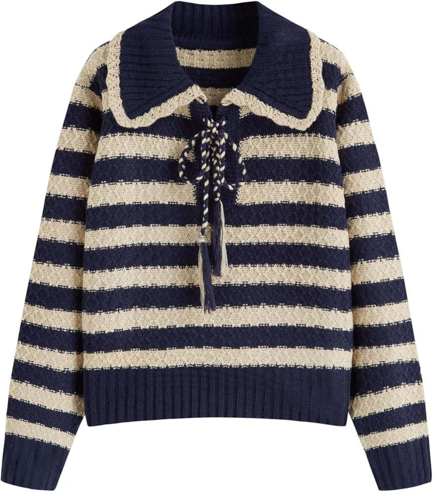 CIDER Striped Sweaters for Women Collar Knit Long Sleeve Knotted Loose Fit Pullover Winter Sweate... | Amazon (US)