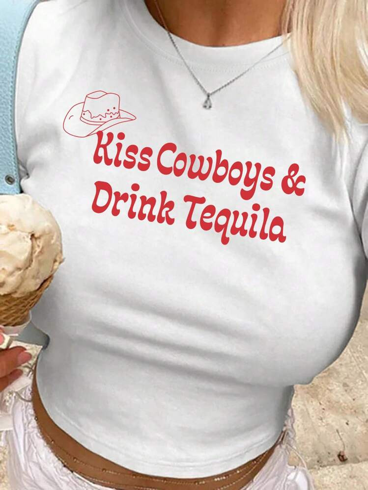 SHEIN MOOSTA Women's Summer Y2K Pink Slogan Cowboy Western Style Crop Top T-Shirt Kiss Cowboys Dr... | SHEIN