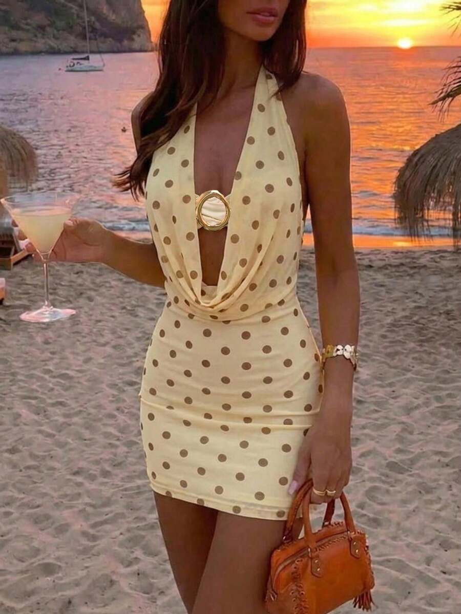 Aloruh Sexy Vacation Yellow Polka Dot Mini Dress With Bustier Solid Color Metal Decor Hot Girl Y2... | SHEIN