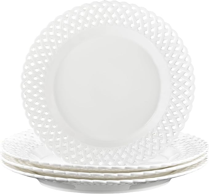 Large White Dinner Plates 12 inch, Ceramic Dinner Plates Set of 4, Basketweave Wide Rim Stackable... | Amazon (US)