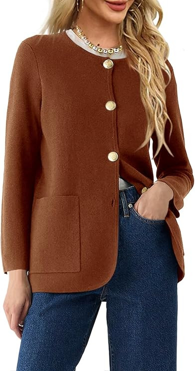 Langwyqu Womens Crew Neck Button Down Cardigan Sweaters Blazer Casual Long Sleeve Knit Solid Swea... | Amazon (US)