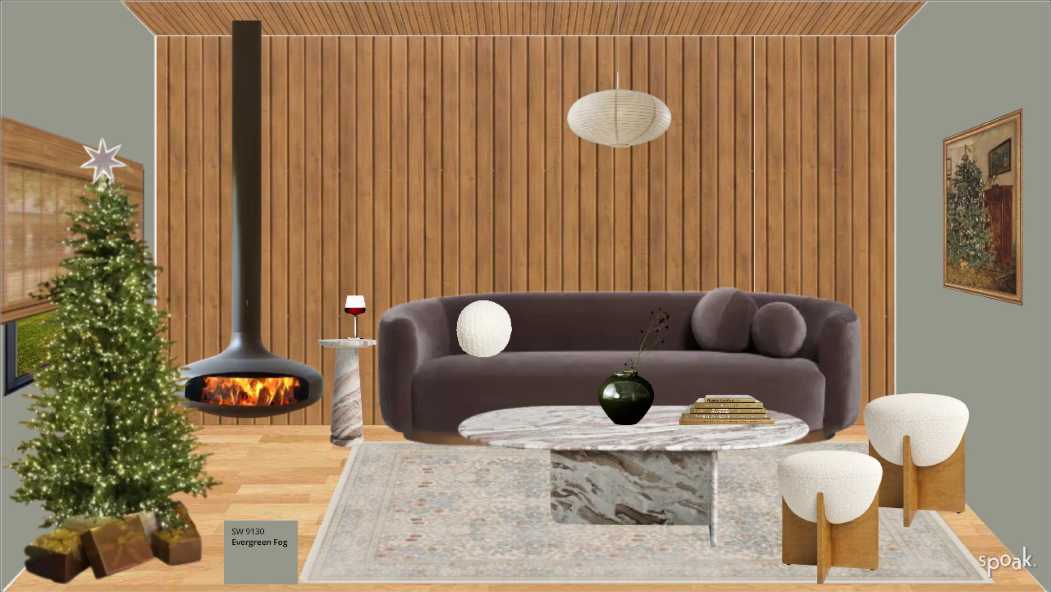 Cosy mid-century modern living room design/moodboard. I love the curved velvet sofa from Lulu & Georgia with marble coffee and side table. A beautiful rug from Ruggable. Noguchi-style pendant from Wayfair. The gorgeous pre-lit Christmas tree is from Target. #livingroomdecor

#LTKSeasonal #LTKHome #LTKHoliday