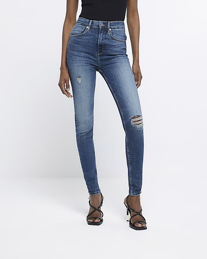 Blue ripped high waisted sculpt skinny jeans | River Island (UK & IE)