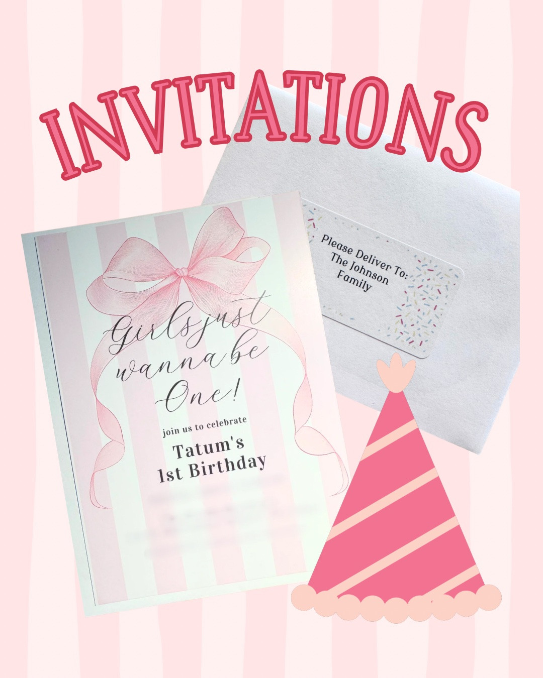 I’m so happy with how these invitations came together.
They have that polished, custom feel, but were completely DIY, which makes them even better. I was able to customize every detail and used Zazzle to bring the design to life. The photo on the back (not pictured) is my favorite part.
Swipe to see exactly what I used. I linked everything in my profile to make it easy.

Pro tip for future party planning: if you’re struggling with the DIY side, order the invitation suite. It will save you so much time, and you can customize as little or as much as you want while still staying on theme. Completely worth it.

I cannot wait to keep building out all of the pink details for this party!!