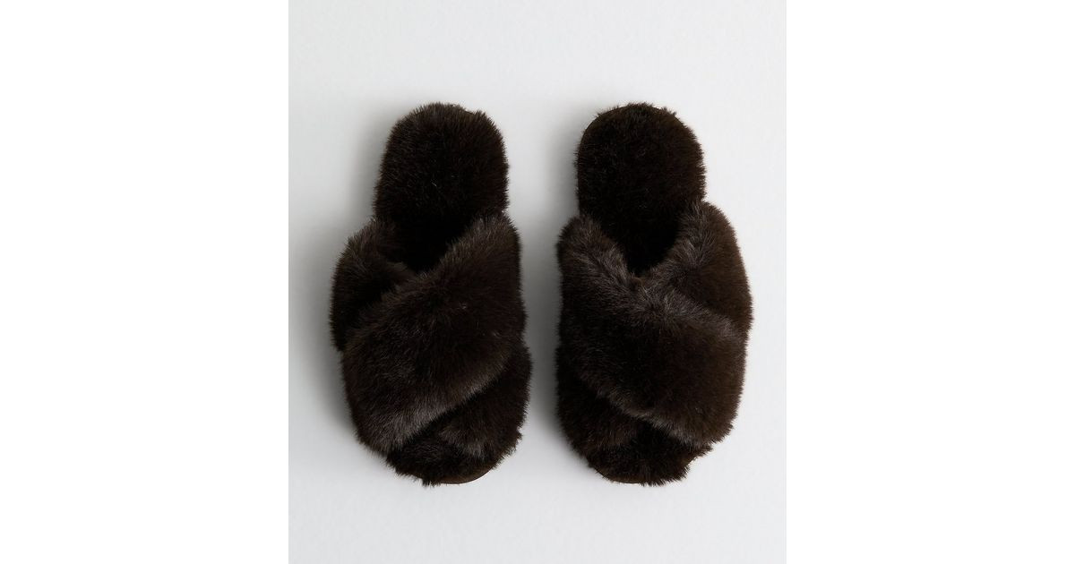 Brown Faux Fur Cross Slippers | New Look | New Look (UK)
