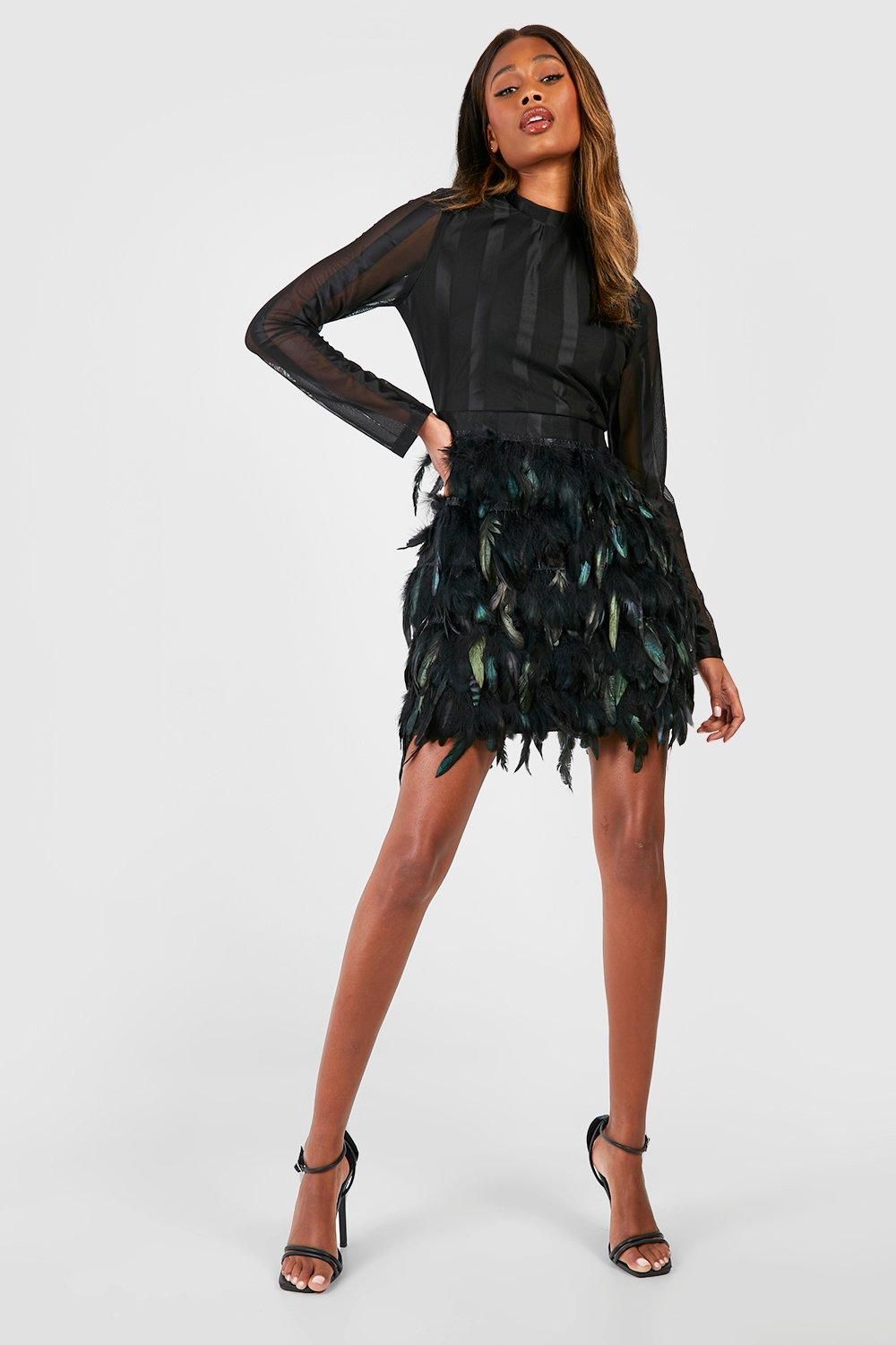 Womens High Neck Feather Skirt Mini Party Dress - Black - 10 | Boohoo.com (US & CA)