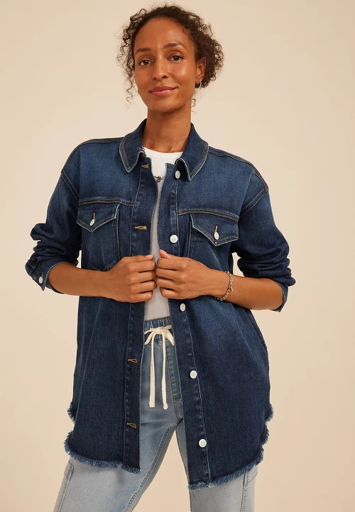 Dark Denim Fray Hem Oversized Shacket | Maurices