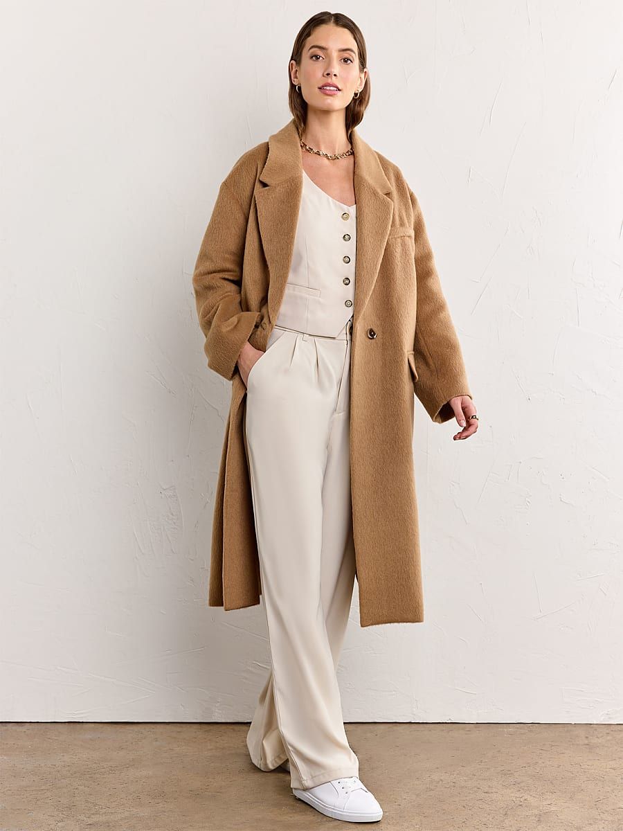 NY & Co Women's Single Button Brushed Long Line Coat - Endless Rose Camel Size Medium/Large Polyeste | New York & Company