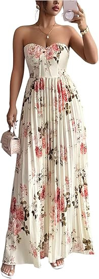 OYOANGLE Women's Summer Floral Wedding Guest Dress Jacquard Tube Sleeveless Pleated A Line Cockta... | Amazon (US)