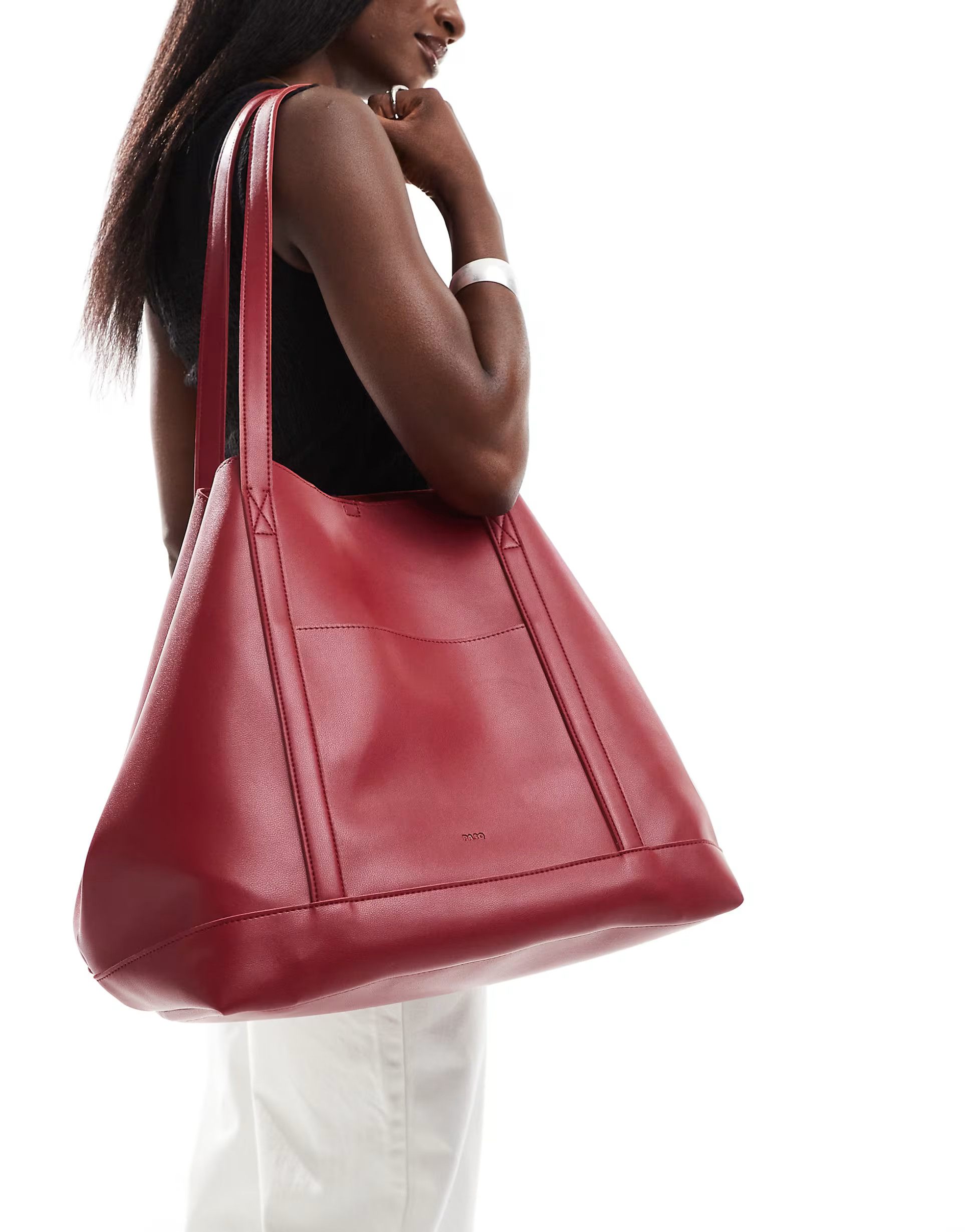 PASQ oversize slouch tote bag with front pocket and inside pouch in burgundy | ASOS (Global)