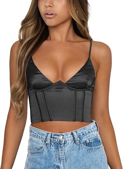 Effeltch Women’s Crop Tops Sexy V Neck Spaghetti Strap Sleeveless Crop Bustier Slim Fit Going O... | Amazon (US)