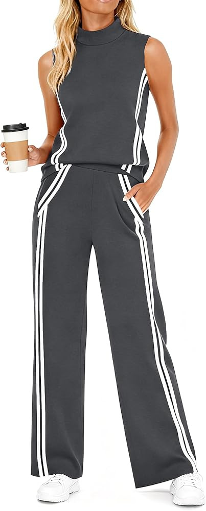 Casly Lamiit Womens 2 Piece Lounge Set Stripes Travel Outfits Sweatsuit Mock Neck Tank Top Wide L... | Amazon (US)