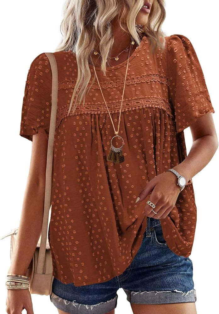Womens Summer Tops Crewneck Short Sleeve Shirts Casual Chiffon Blouses Flowy Lace Hem Boho Clothi... | Amazon (US)