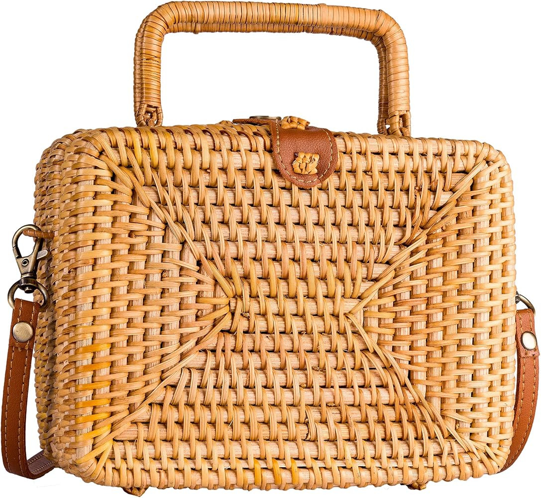 Retro Straw Bag Boho Rectangular Crossbody Purse Rattan Hand Woven For Women Necessities Shoulder... | Amazon (US)