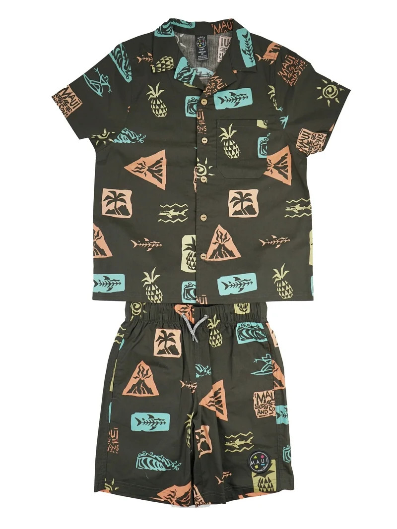 Maui and Sons Boys Cabana Set, Roots Woven Shirt and Shorts, Black, Summer Vacation Outfit | Walmart (US)