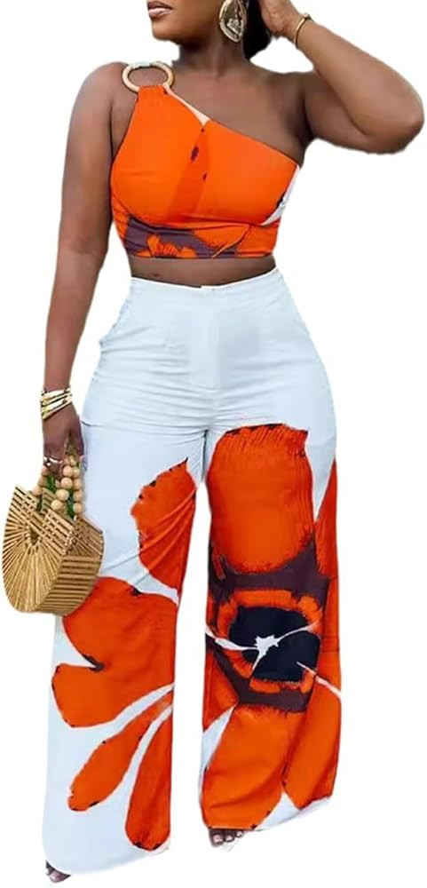 Womens Two Piece Outfits Summer Club Birthday Party One Shoulder Crop Top High Waisted Wide Leg P... | Amazon (US)