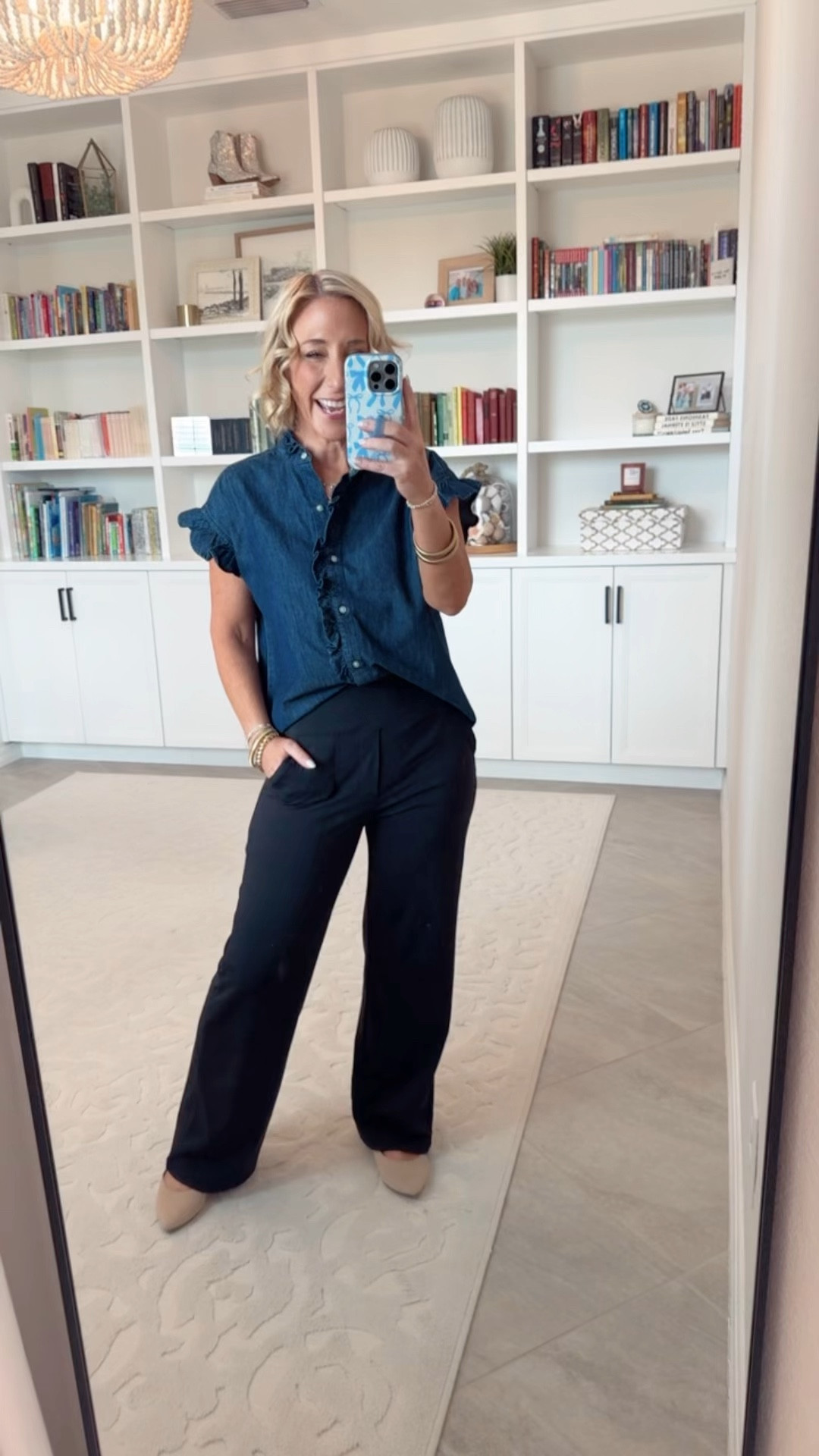 Walmart; new arrivals - part 2:
• Denim shirt w/ ruffle - size XS. $22.
• black pants - size small, 27” inseam. 
• nude flats - tts (and so comfy).

#LTKSeasonal #LTKOver40 #LTKFindsUnder50