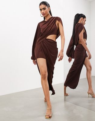 ASOS EDITION draped one sleeve maxi dress in chocolate brown | ASOS (Global)