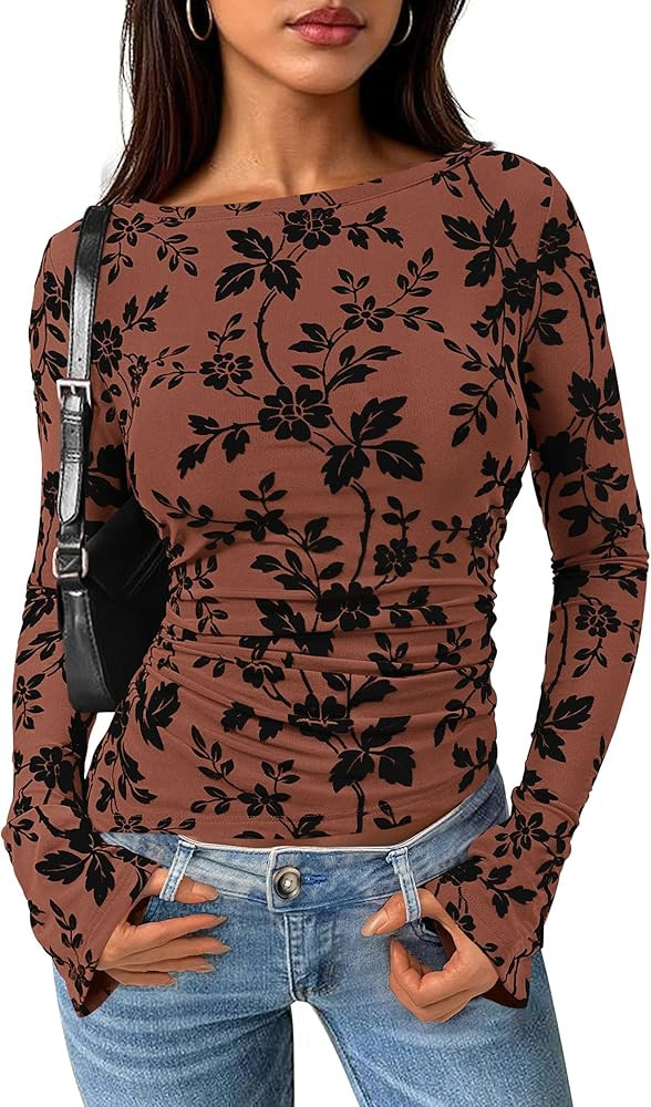 PRETTYGARDEN Women Long Sleeve Floral Mesh Tops Blouse 2026 Fall Trendy Boat Neck Ruched Spring S... | Amazon (US)