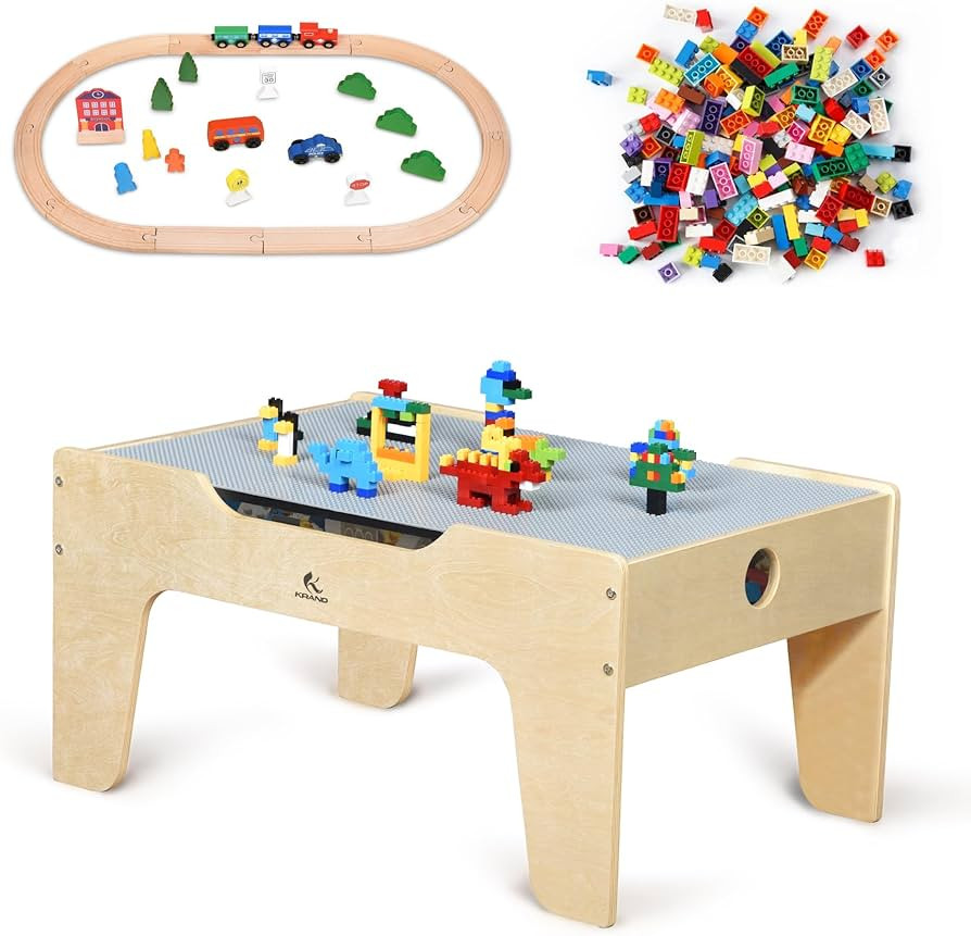 Kid's All-in-One Activity Play Table with 290 Building Bricks and 30-Piece Wooden Train Set Railw... | Amazon (US)
