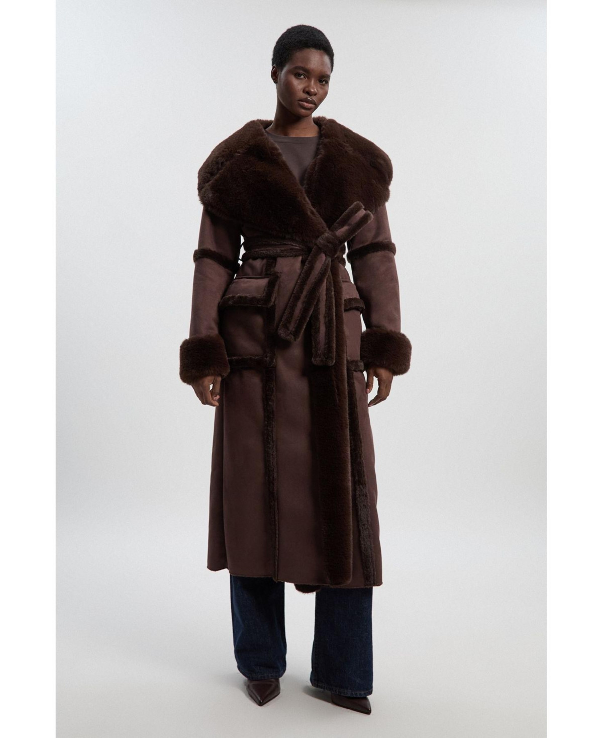 Karen Millen Women's Faux Shearling Belted Maxi Coat - Chocolate | Macy's