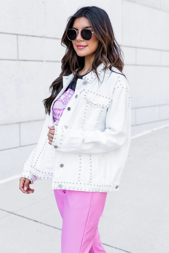 All I Think About White Studded Jacket | Pink Lily