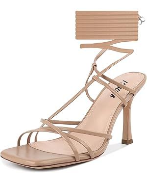 ISNOM Lace Up Heels Sandals for Women, Square Toe, Open Toe Thong, Stiletto Heels Design | Amazon (US)